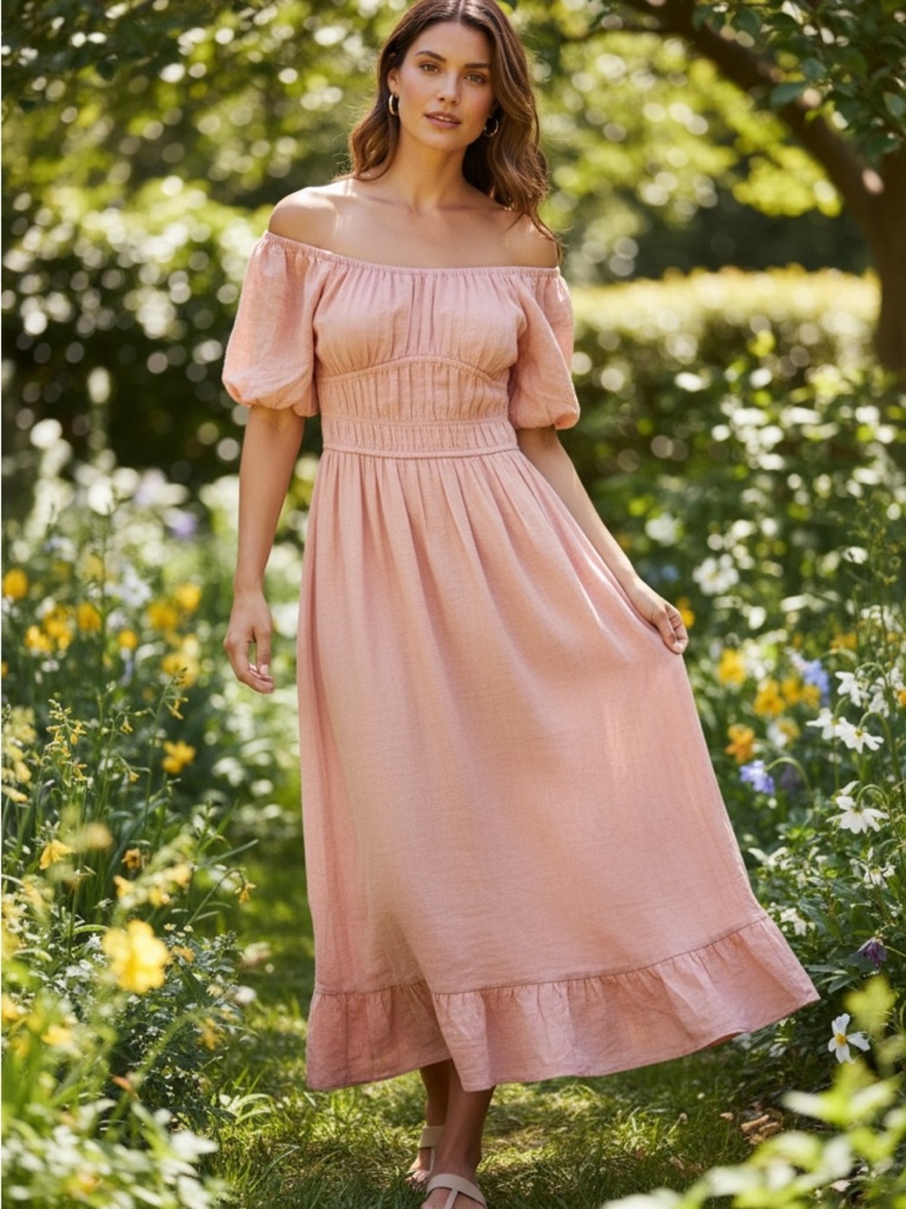 NWT Sim & Sam Pink Puff-Sleeve Maxi Dress with Smocked Waist Small Milkmaid